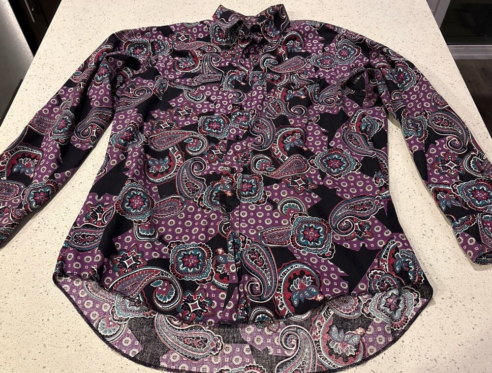 Vtg Wrangler Shirt Mens Large Purple Paisley Western Button Front 90s 16.5/34